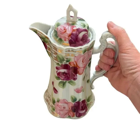Vintage Hand Painted coffee tea pot & lid white porcelain pink & red roses